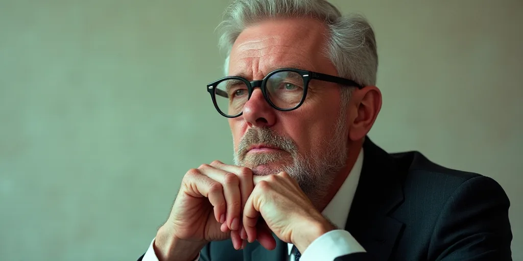 a man in a suit and glasses is posing for a picture with his hands on his chins and his chin resting