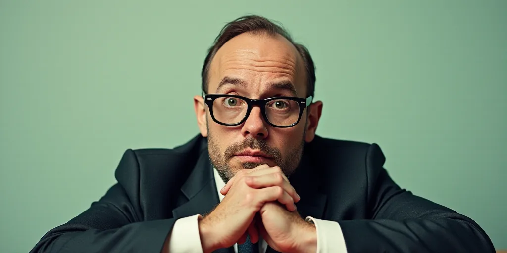 a man in a suit and glasses is posing for a picture with his hands on his chins and his chin resting