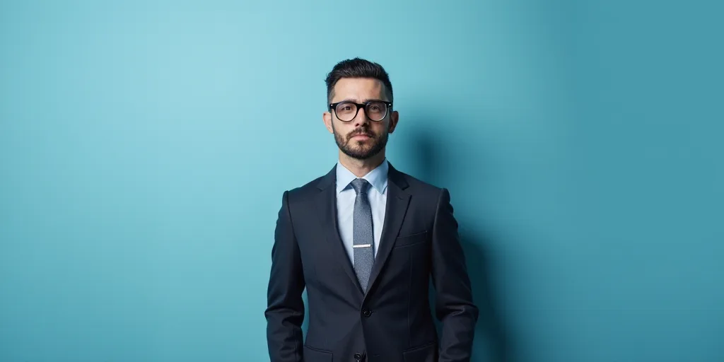 a man in a suit and glasses standing in front of a blue background with a black and white photo, Est