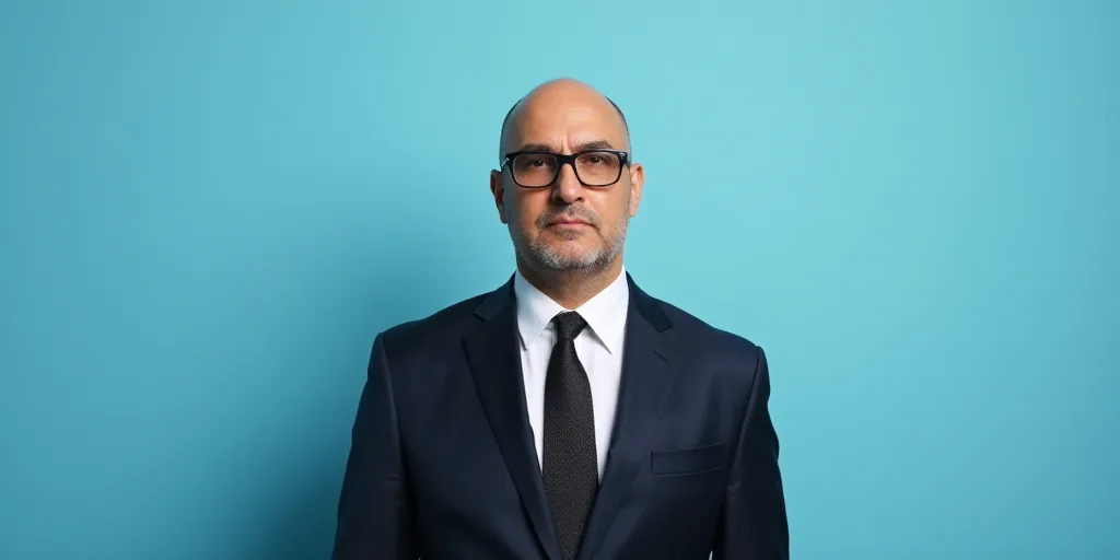 a man in a suit and glasses standing in front of a blue background with a black and white photo, Est