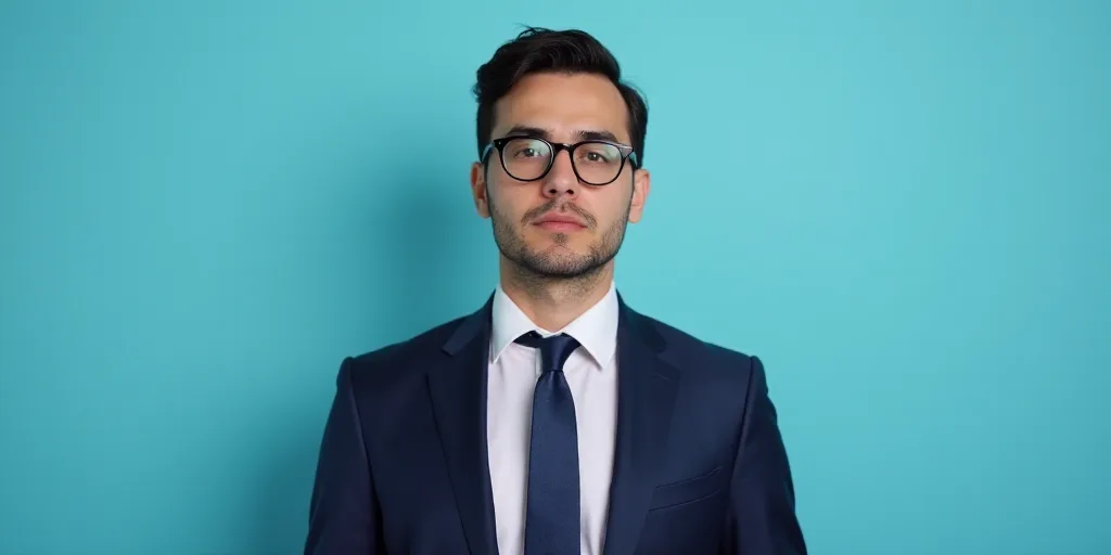a man in a suit and glasses standing in front of a blue background with a black and white photo, Est