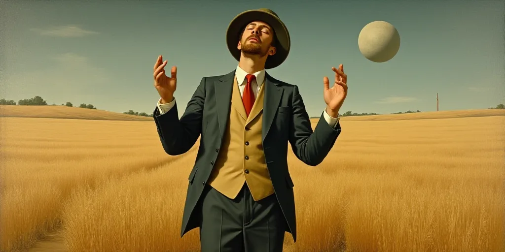 a man in a suit and hat is standing in a field with his hands up in the air and his eyes closed, Fra