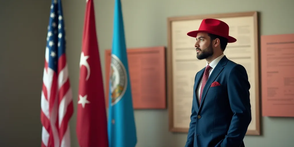 a man in a suit and red hat standing next to a sign and flags in front of a wall, Dr. Atl, cgi, a st