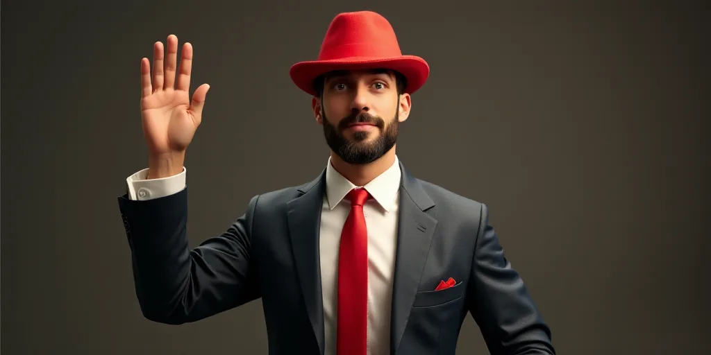 a man in a suit and red tie with a red hat on his head and his arm raised up, Donald Roller Wilson,