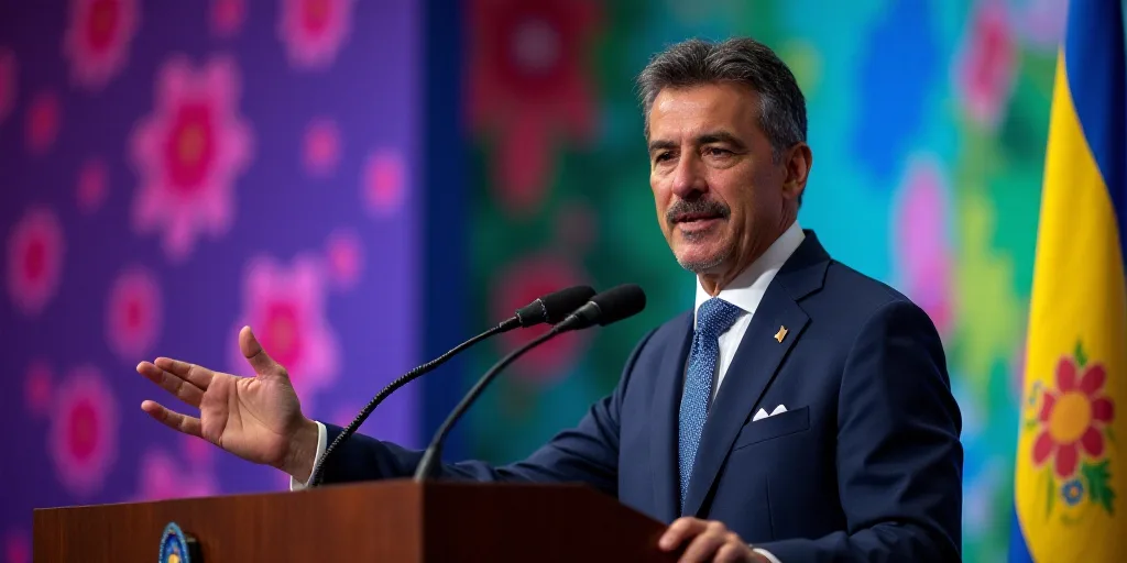 a man in a suit and tie giving a speech at a podium with a colorful background and a colorful flower