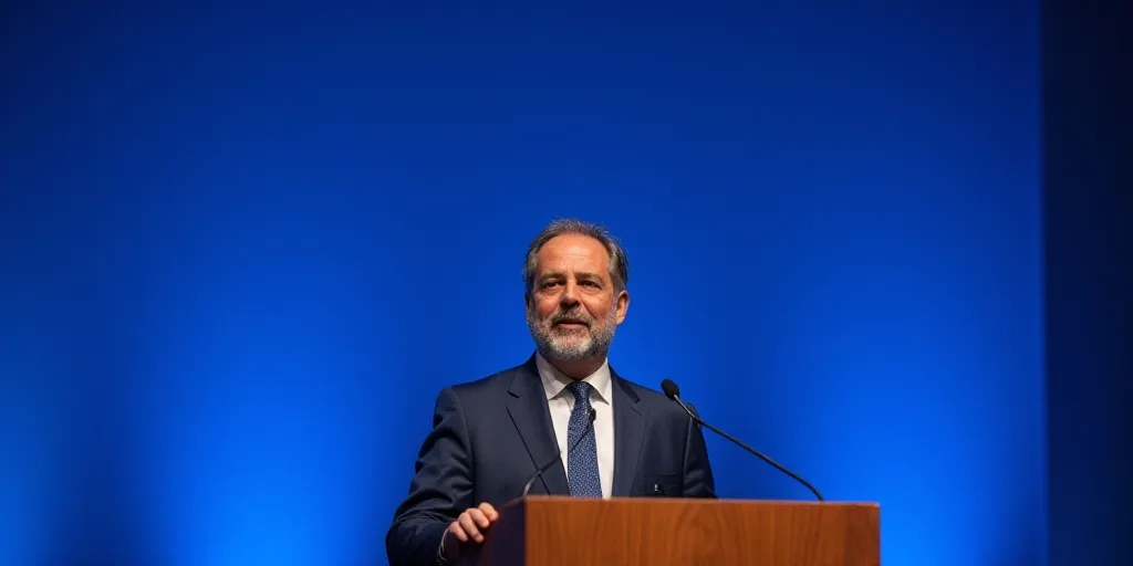 a man in a suit and tie giving a speech at a podium with a blue screen behind him and a blue backgro