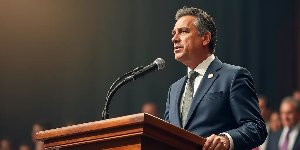a man in a suit and tie giving a speech at a podium with a microphone in front of him, Federico Urib
