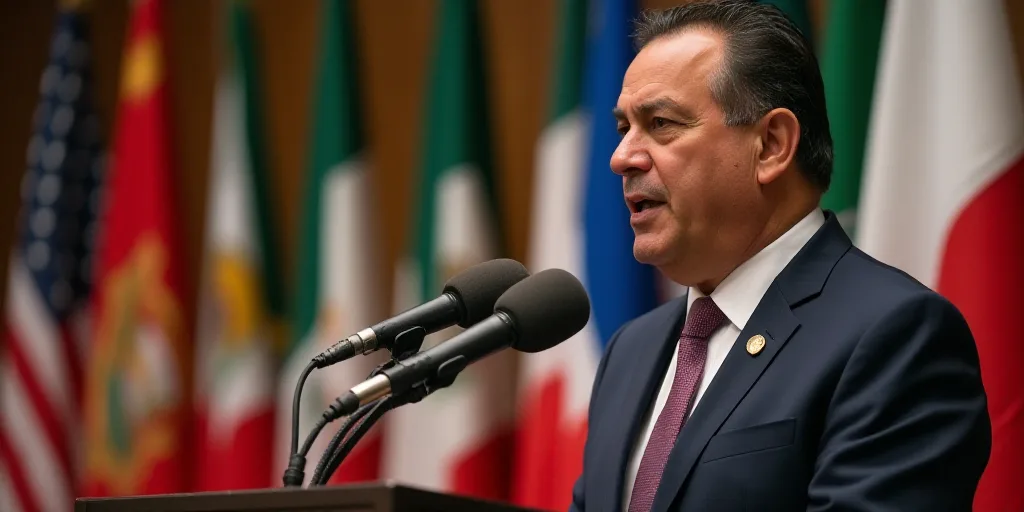 a man in a suit and tie giving a speech at a podium with flags in the background and a microphone in