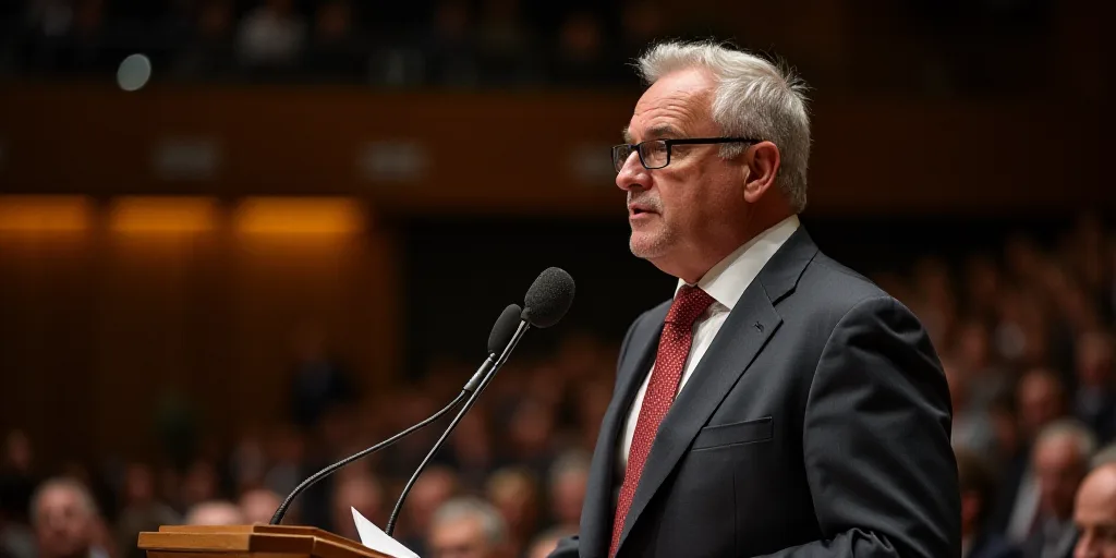 a man in a suit and tie giving a speech at a conference hall with a microphone in front of him, Clov