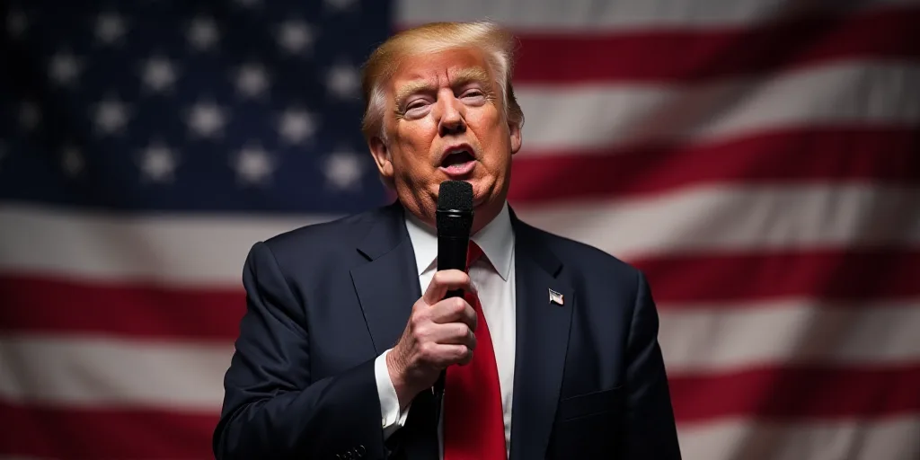 a man in a suit and tie holding a microphone in front of a flag and a microphone in his hand, Donald