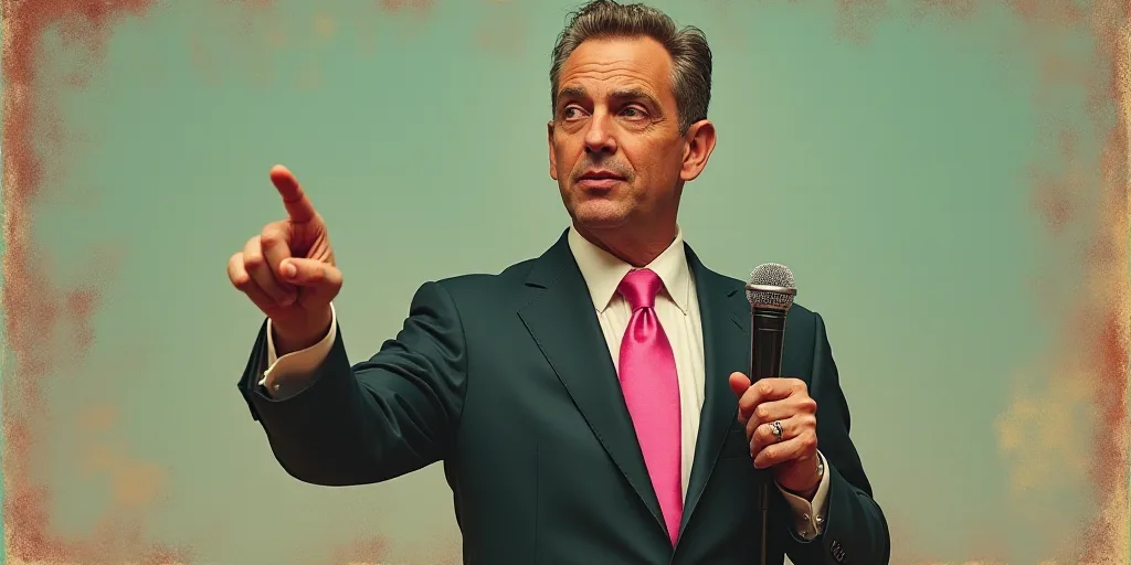 a man in a suit and tie holding a microphone and pointing at something with his finger and a pink ti