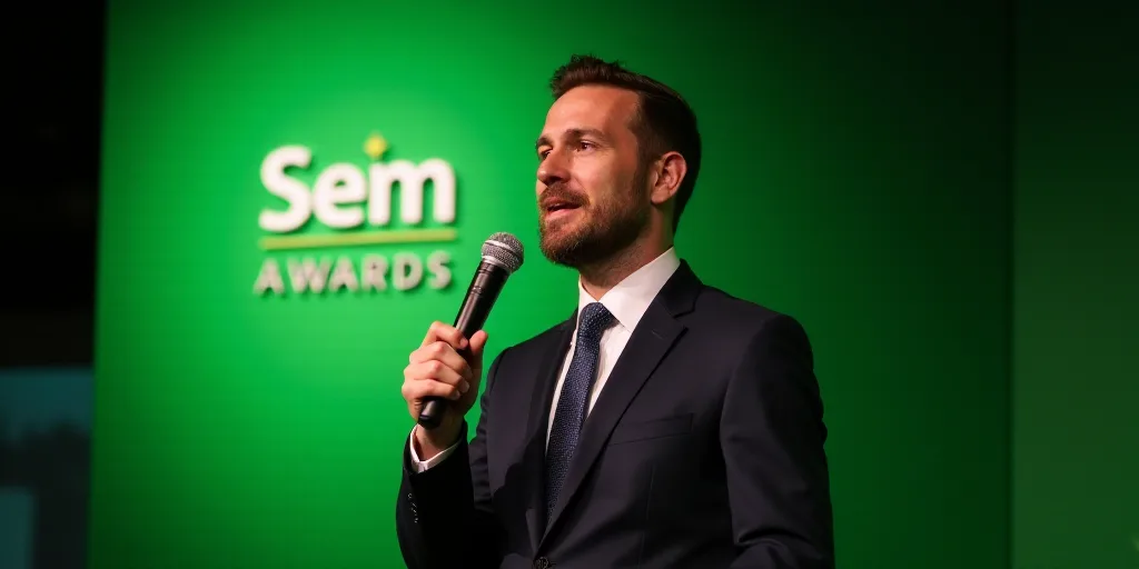 a man in a suit and tie holding a microphone in front of a green wall with a sign that says sem awar