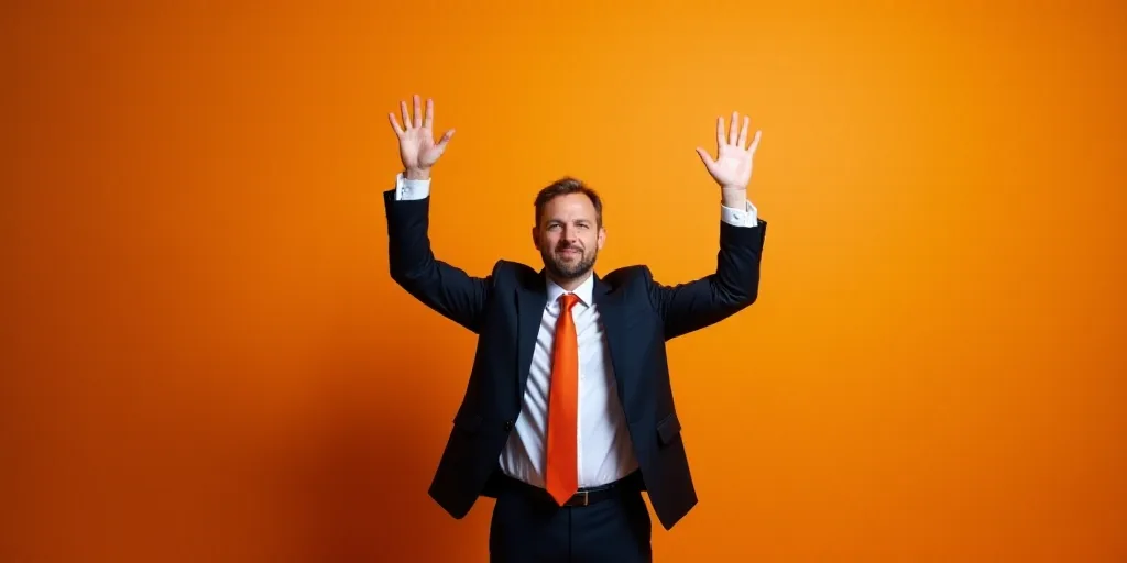 a man in a suit and tie holding his hands up in the air with his hands up in the air, Donald Roller