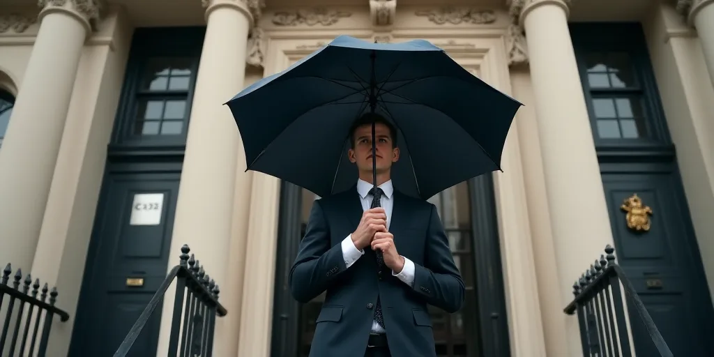 a man in a suit and tie holding an umbrella in front of a building with a london stock exchange sign