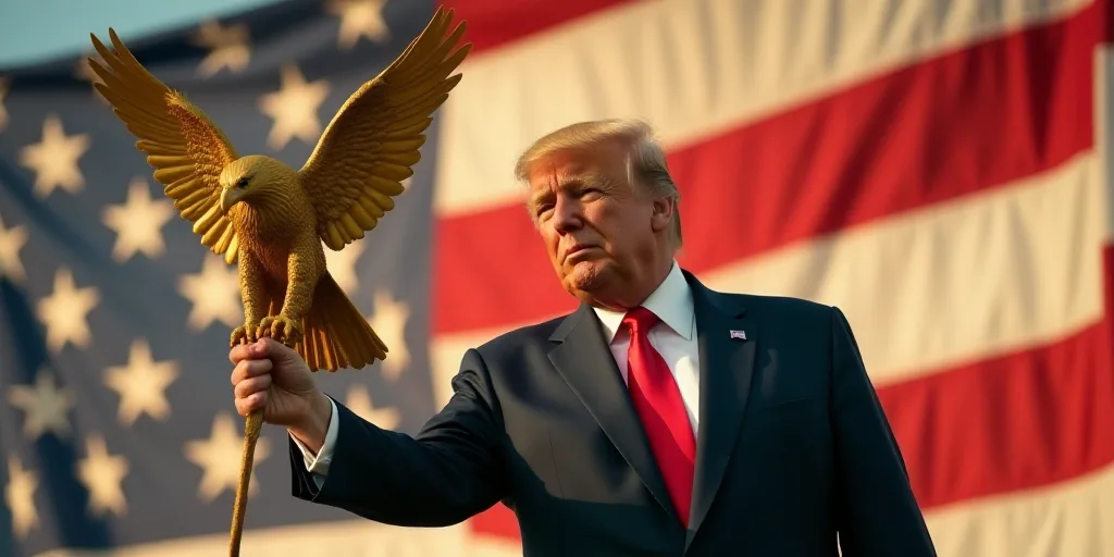 a man in a suit and tie holding a golden eagle on a pole in front of him and a flag behind him, Dona
