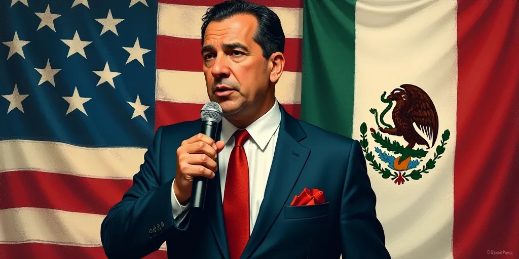 a man in a suit and tie holding a microphone in front of a flag of mexico and a flag of the united s