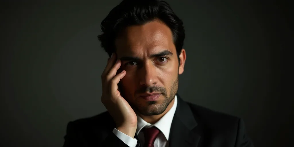 a man in a suit and tie is holding his hand to his face and looking at the camera with a serious loo