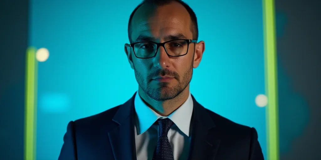 a man in a suit and tie is looking at the camera with a blue background and a yellow border, Bracha