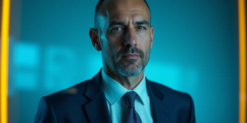 a man in a suit and tie is looking at the camera with a blue background and a yellow border, Bracha