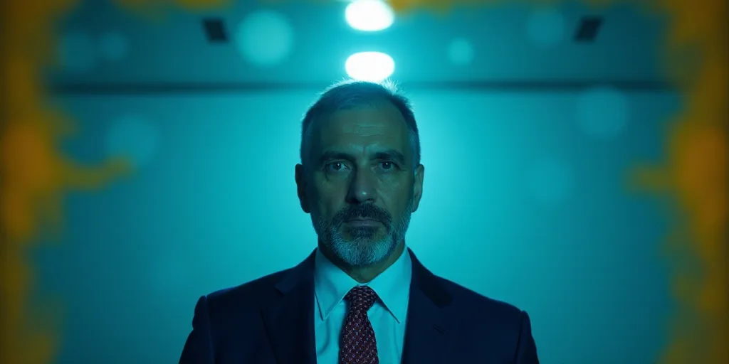 a man in a suit and tie is looking at the camera with a blue background and a yellow border, Bracha