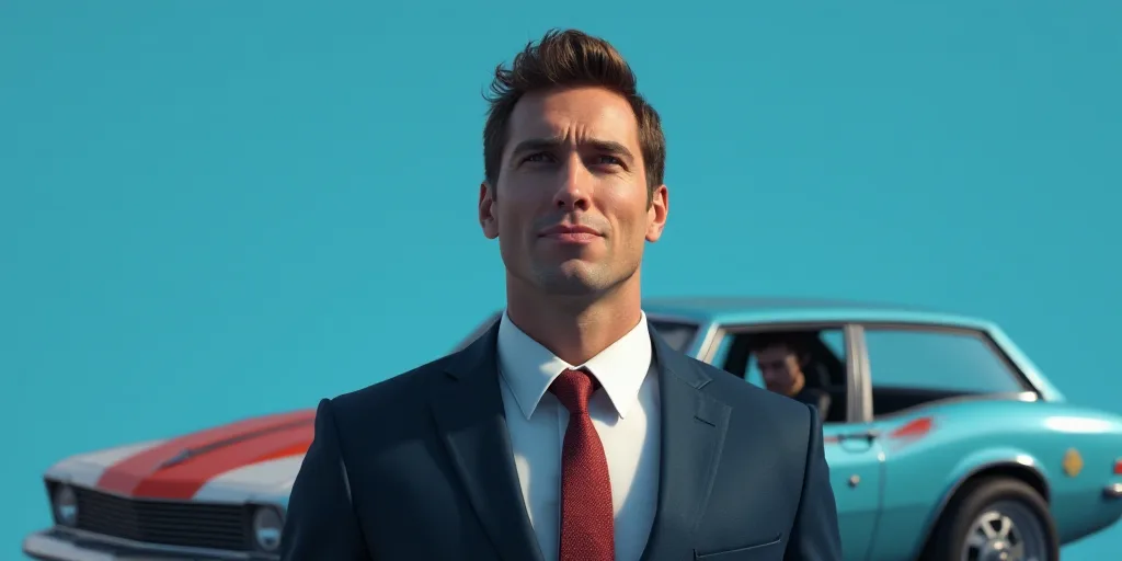 a man in a suit and tie is making a face with a car in the background and a blue background, Donald