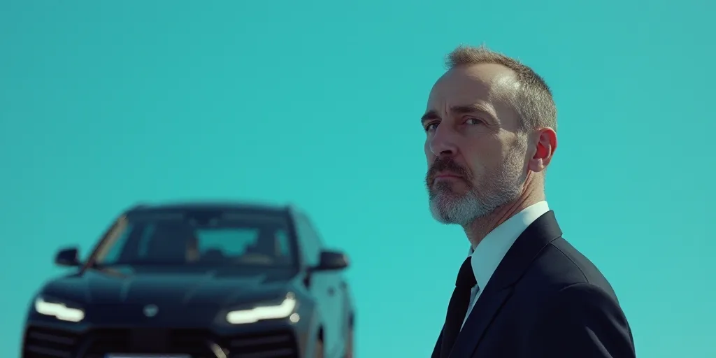 a man in a suit and tie is making a face with a car in the background and a blue background, Donald