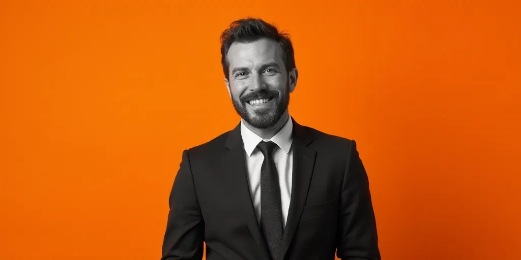 a man in a suit and tie is smiling for the camera with an orange background and a black and white ph