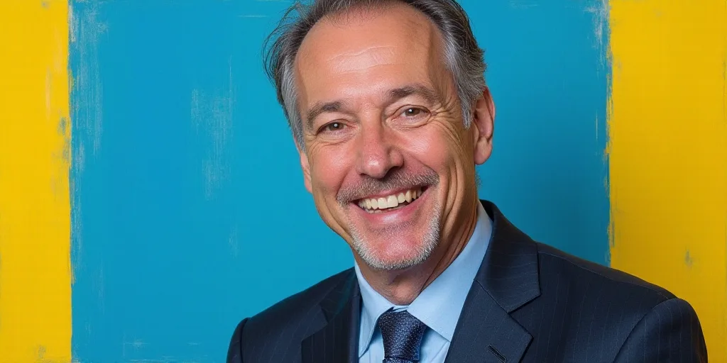 a man in a suit and tie is smiling for a picture with a blue background and a yellow border, Edward