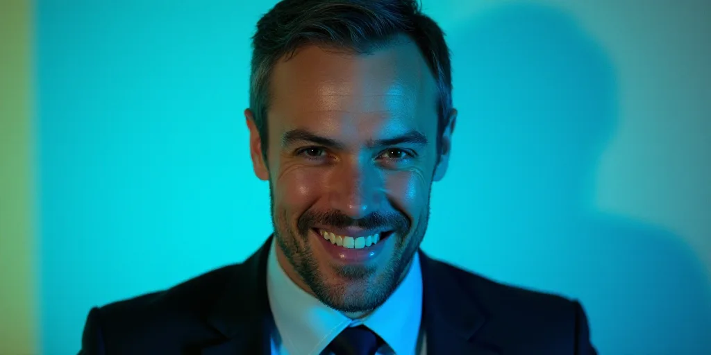 a man in a suit and tie is smiling for a picture with a blue background and a yellow border, Edward