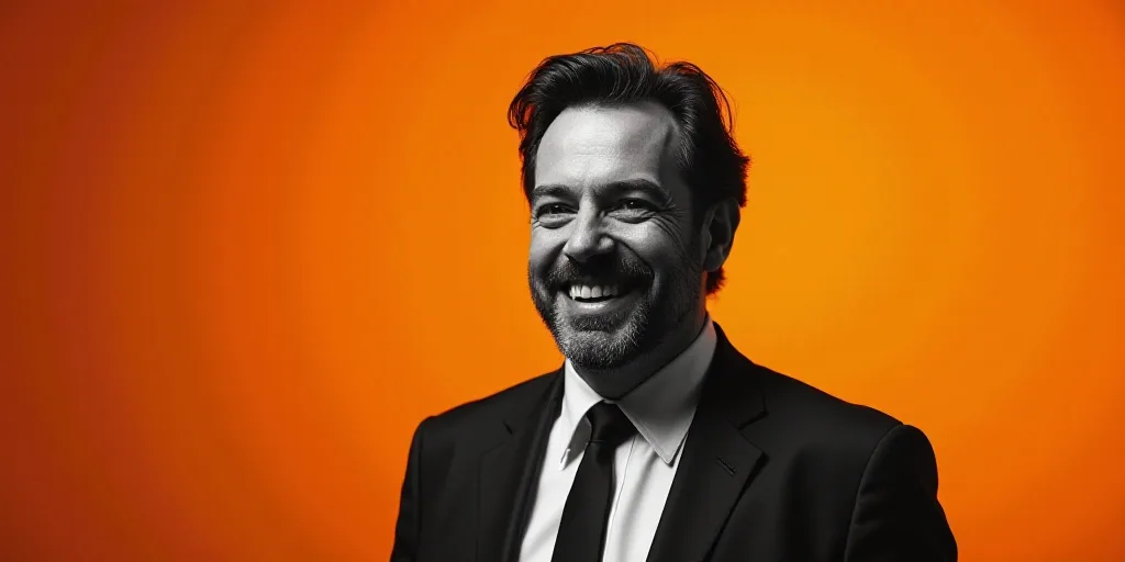 a man in a suit and tie is smiling for a picture with an orange background and a black and white pho