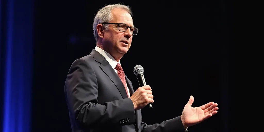 a man in a suit and tie is speaking into a microphone and gesturing with his hands out to the side,