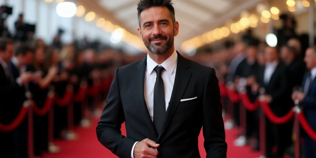a man in a suit and tie looking at the camera with a crowd behind him in the background at a red car