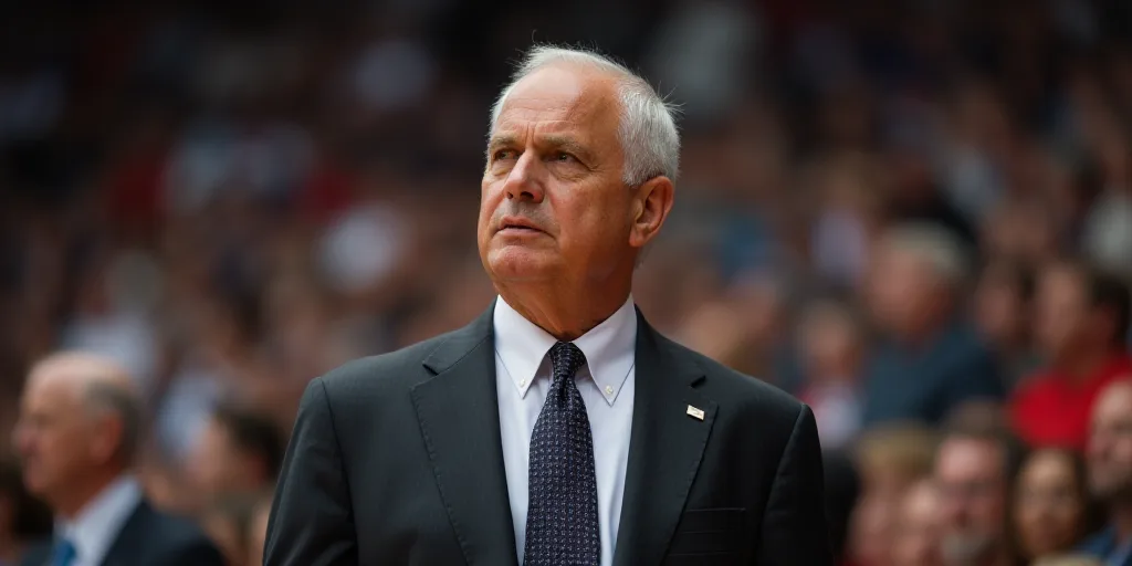 a man in a suit and tie looking off into the distance with a crowd of people in the background, Denn