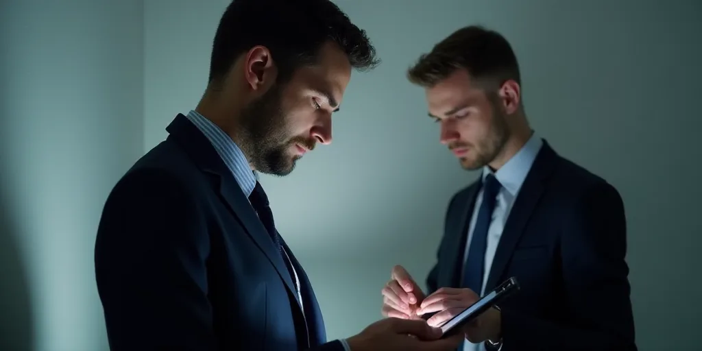 a man in a suit and tie looking at a tablet screen while another man in a suit looks at a tablet scr
