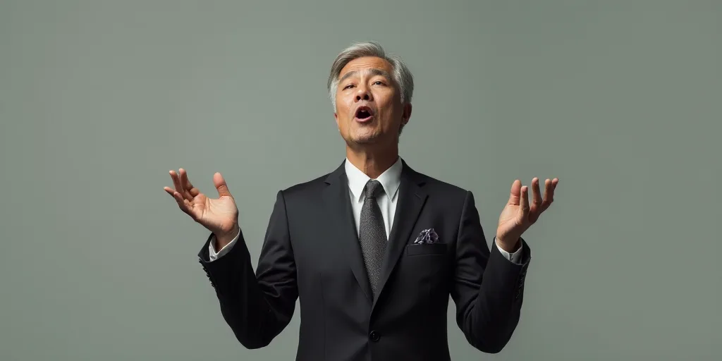 a man in a suit and tie making a gesture with his hands while standing in front of a gray background