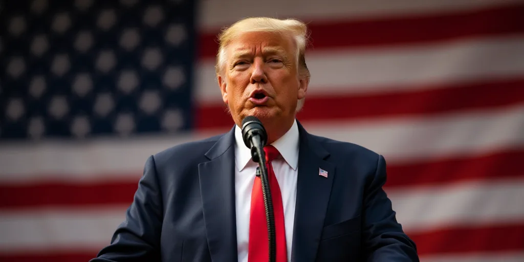 a man in a suit and tie making a speech with an american flag behind him and a microphone in front o