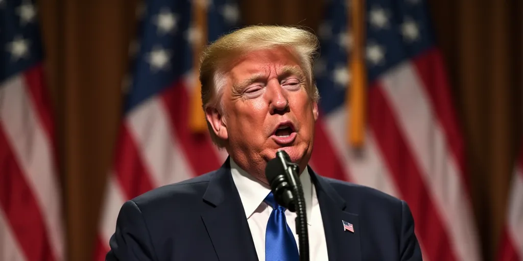 a man in a suit and tie making a speech in front of flags and a microphone with his eyes closed, Don