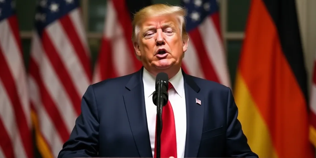 a man in a suit and tie making a speech in front of flags and a microphone with his eyes closed, Don