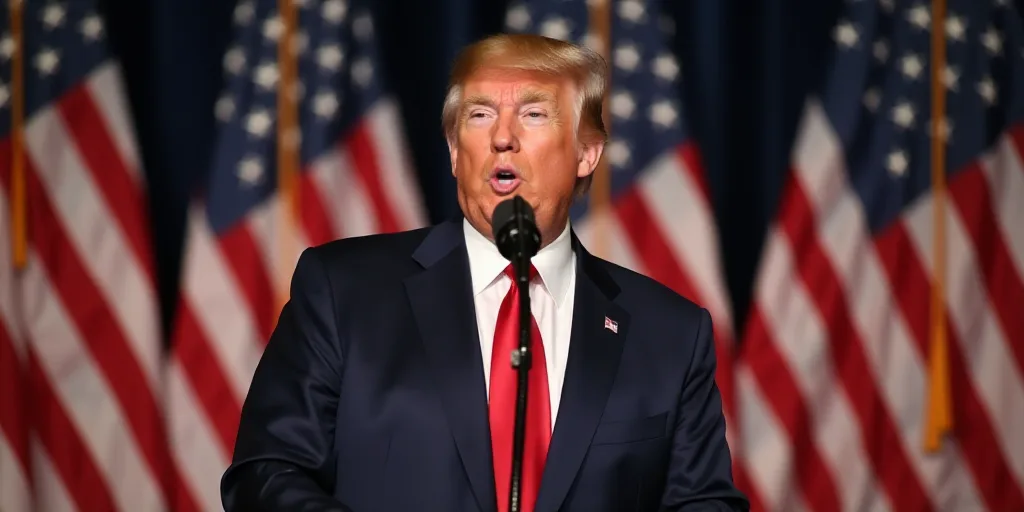 a man in a suit and tie making a speech in front of flags and a microphone with his mouth open, Dona