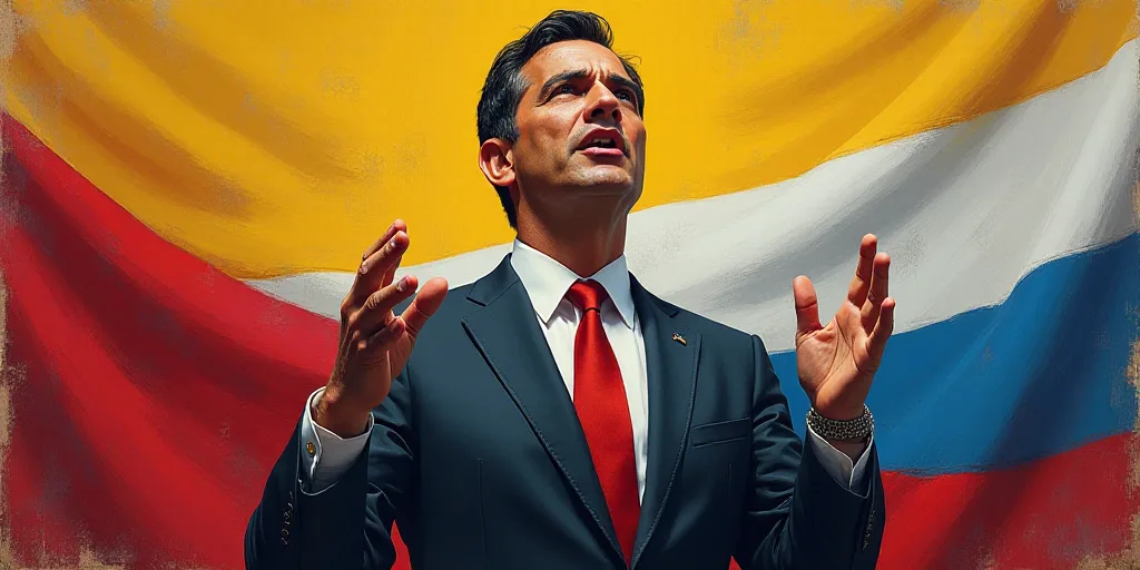 a man in a suit and tie making a speech with his hands up in front of him and a flag behind him, Car