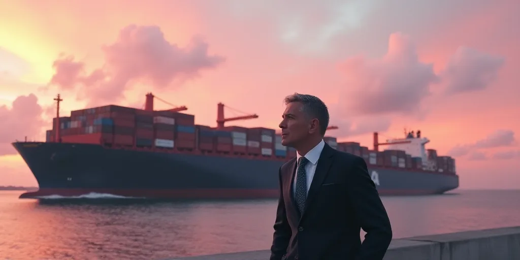 a man in a suit and tie next to a large container ship and a pink sky with clouds in the background,