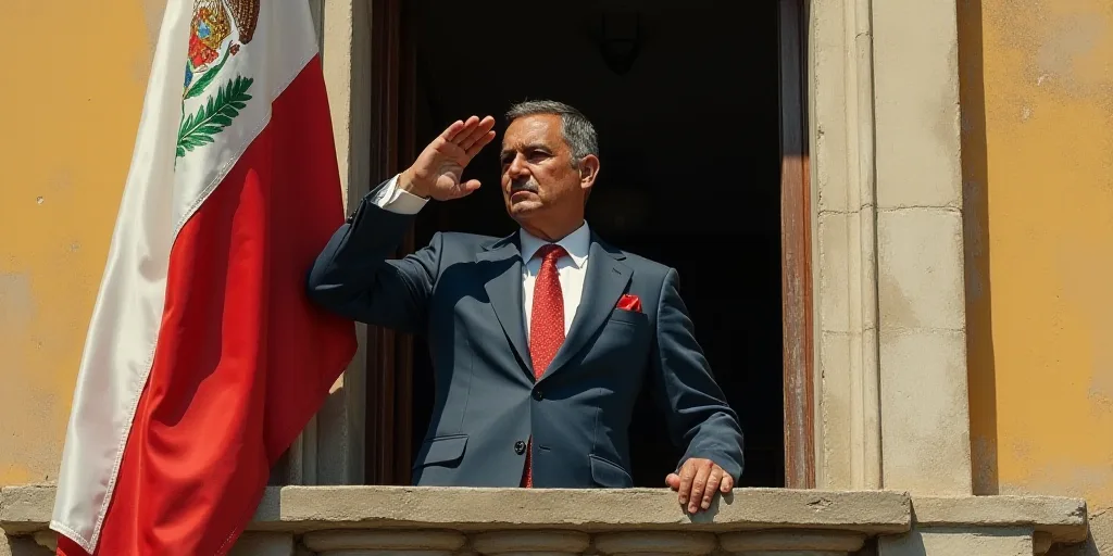 a man in a suit and tie saluting from a balcony window with a flag on it's shoulder, Estuardo Maldon
