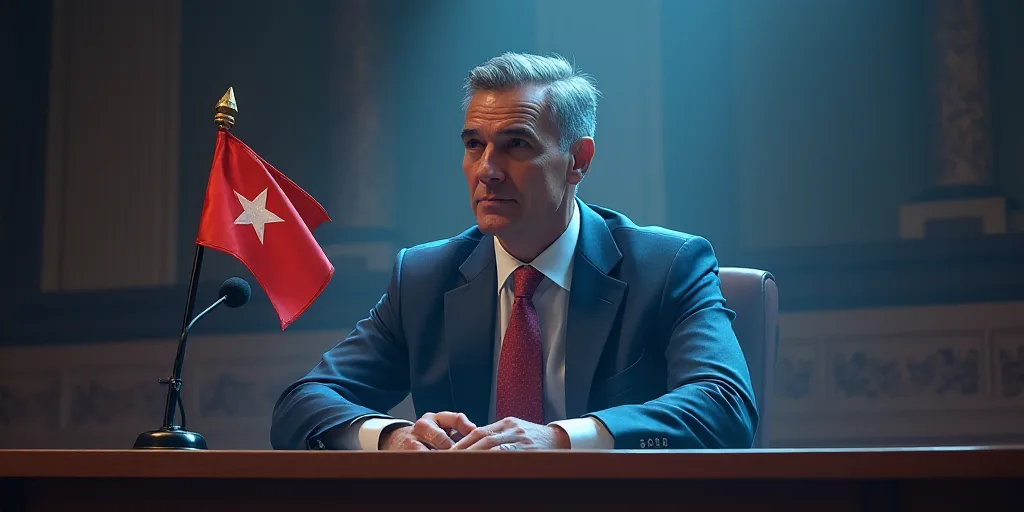 a man in a suit and tie sitting at a table with a flag in front of him and a microphone in front of