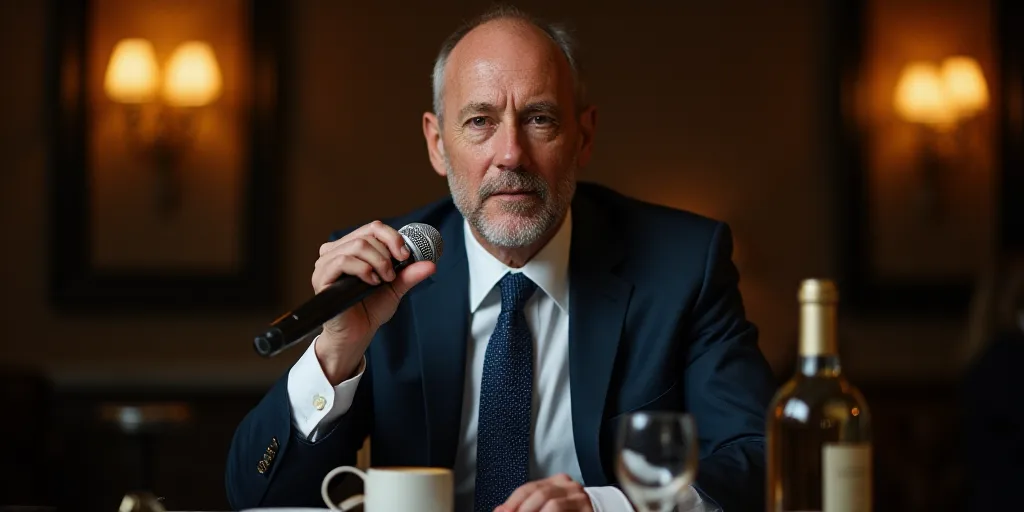 a man in a suit and tie sitting at a table with a microphone in his hand and a bottle of wine in his