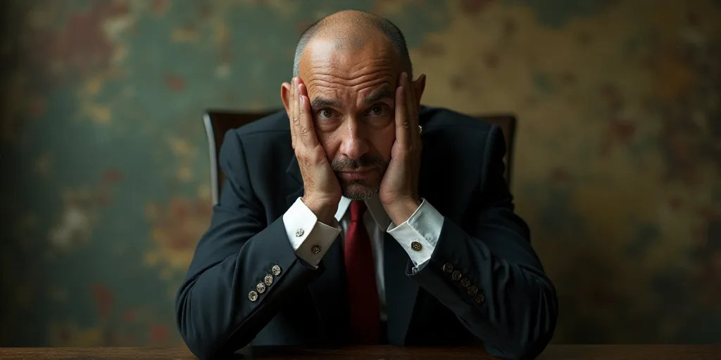 a man in a suit and tie sitting down with his hands on his face and looking at the camera, Enki Bila