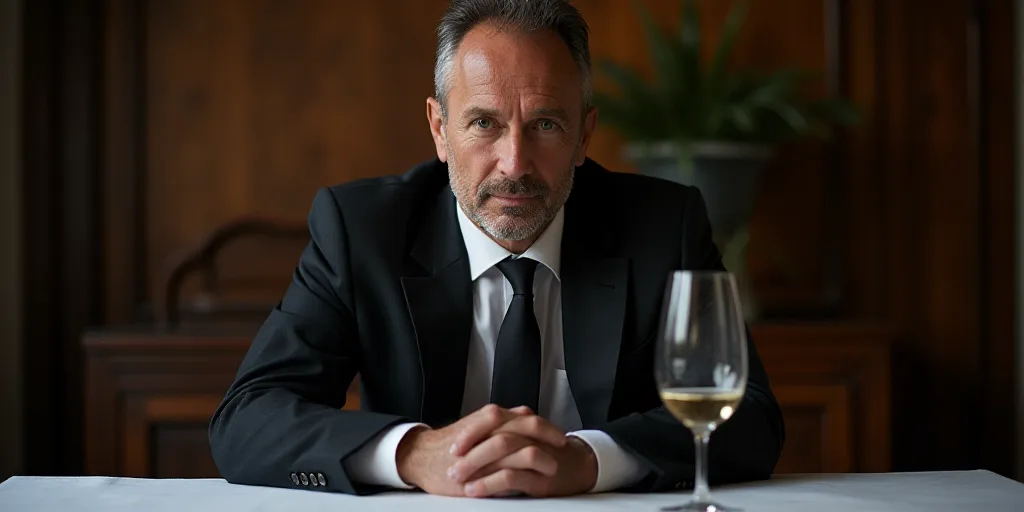 a man in a suit and tie sitting at a table with a glass of wine in front of him, Eric de Kolb, thier