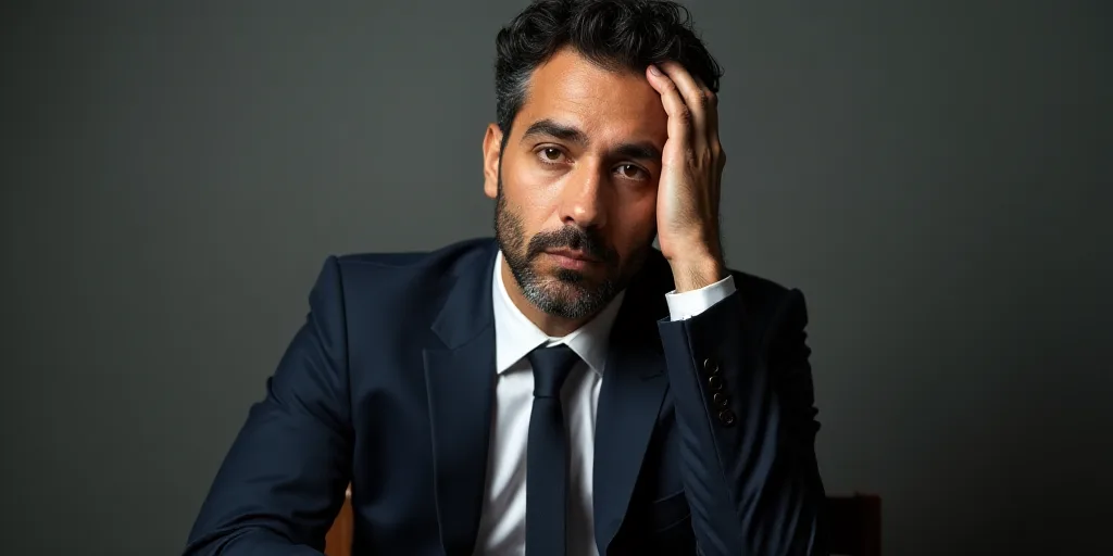 a man in a suit and tie sitting down with his hand on his head and looking off to the side, Estuardo