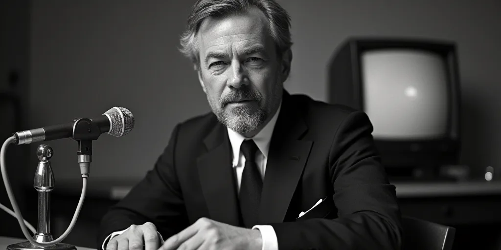 a man in a suit and tie sitting at a table with a microphone in front of him and a television in the