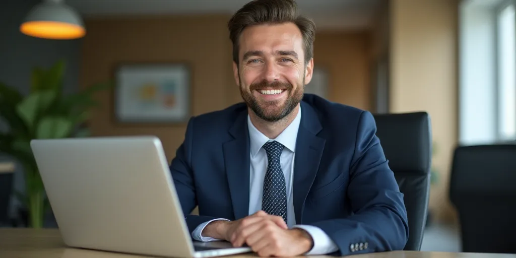 a man in a suit and tie sitting at a table with a laptop computer in front of him and smiling, Allen