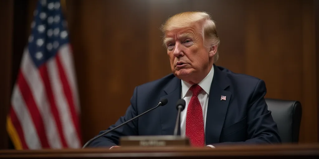a man in a suit and tie sitting at a desk with a microphone in front of him and a flag in the backgr